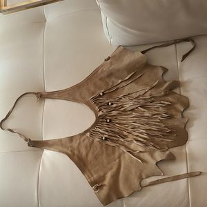 VINTAGE Leather Suede Fringe Halter Top Authentic HB LEATHER RARE! LARGE L
